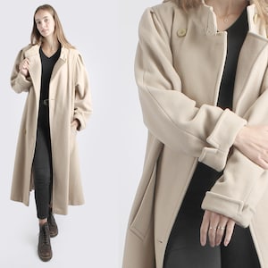 1970s Vintage Cream Beige Wool Longcoat Overcoat Loden Coat Greatcoat for Women