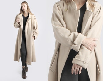 1970s Vintage Cream Beige Wool Longcoat Overcoat Loden Coat Greatcoat for Women