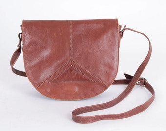 Vintage Cognac Moroccan Genuine Leather Bag Shoulder Bag and Crossbody Bag Purse Bag 70s Leather Bag