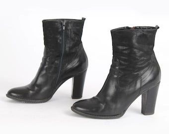 Vintage Black Leather Ankle Boots: Women's Heel Boots, EU 39 / US 8.5