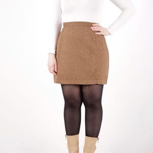 80s Vintage Plaid Taupe Brown Wool High-Waist Mini Skirt