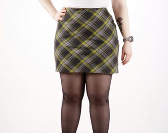 80-tals vintage grön rutig minikjol preppy tartan kjol med hög midja