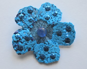 SALE- Flower corsage brooch handmade from recycled plastic bags. Blue, beaded, sequins, crochet, jewellery, accessory