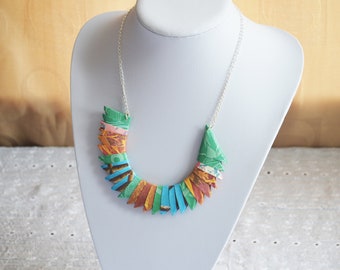 SALE- Unique reversible paper necklace. Multi-coloured glossy varnished paper design with adjustable silver plated chain