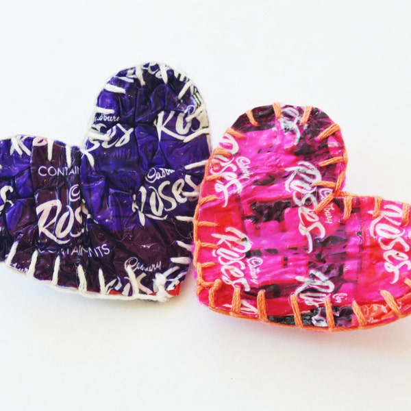 Valentine sweet love heart brooches handmade from recycled plastic chocolate wrappers. Unique, textural, purple, pink, original & unusual