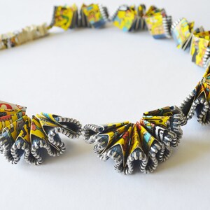 Unique recycled paper & zip necklace. Handmade from used books with pleated square beads image 3