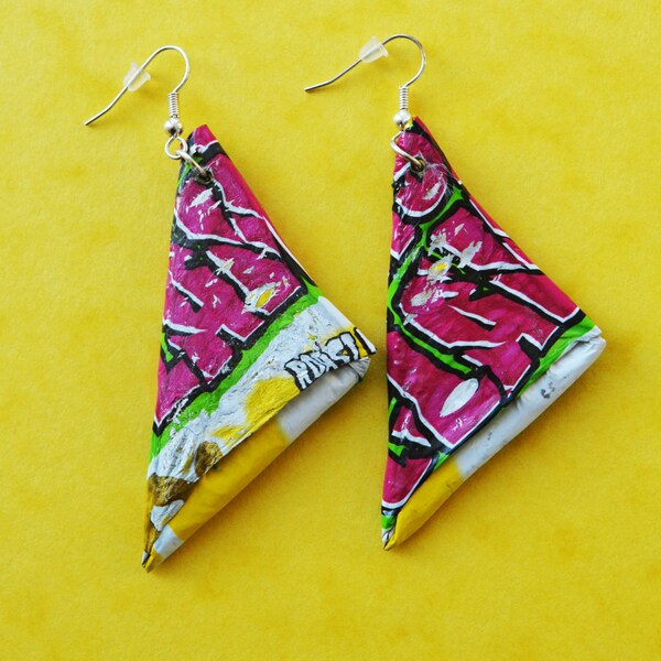 Unusual, striking handmade earrings recycled from crisp packets. Quirky, light, upcycled, silver plated, original, statement, pink, yellow