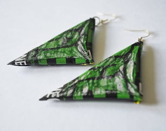 Unique lightweight earrings handmade from recycled crisp packets. Original, shiny, green, black, unusual gift idea