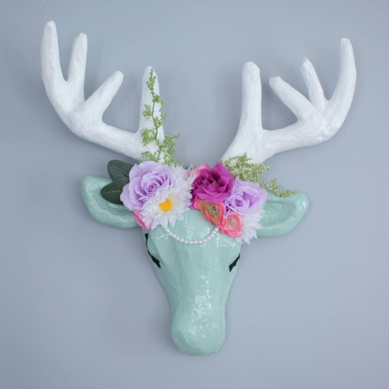 Faux Taxidermy Paper Mache Deer Head Flower Crown Wall Decor