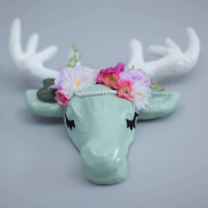 Faux Taxidermy Paper Mache Deer Head Flower Crown Wall Decor