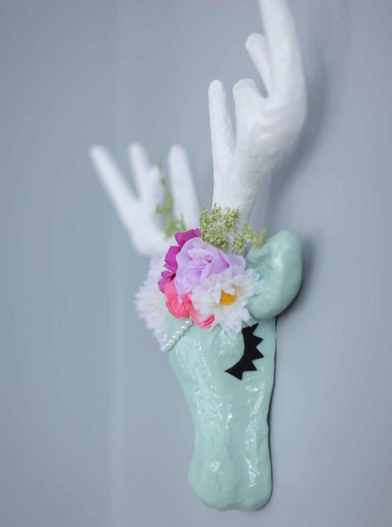Faux Taxidermy Paper Mache Deer Head Flower Crown Wall Decor