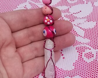 Clear Quartz Crystal Wand with Pink Wooden Beads