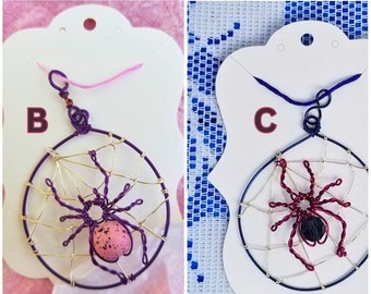 Pink Spider & Web Pendant, Pink Spotted Wooden Bead or Dark Blue Bead, 8-Legged Arachnids