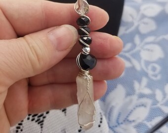 Clear Quartz Crystal Wand with Black & Transparent Gray Glass Beads