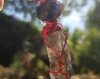 Smoky Quartz Crystal Wand with Black & Red Glass Beads