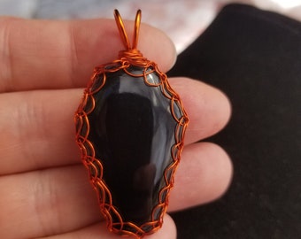 Black Onyx Coffin Pendant, Orange Wire-Wrapped, Graveyard, Haunted Skeletons