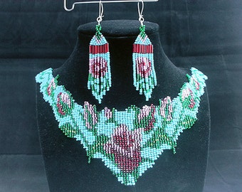 Hand Sewen Necklace and Earring Seed Bead SET accented with a Flower