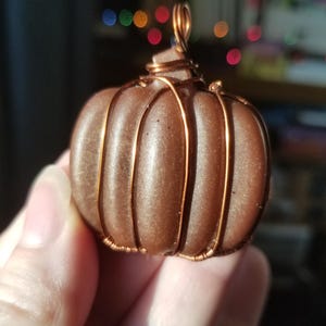 May include: A copper wire wrapped pumpkin charm with a shiny, metallic brown finish.