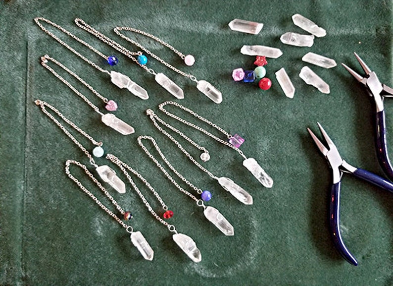 Pendulum Set: 10 Clear Quartz Crystals Wire-Wrapped, Hanging 6 Chain with Small Bead image 3