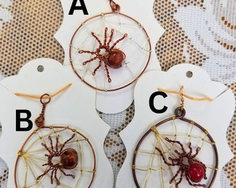 Brown Spider & Web Pendant, Brown Spotted Wooden Bead or Red Bead, 8-Legged Arachnids