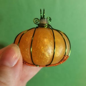 May include: A small orange pumpkin with a green wire frame. The pumpkin is covered in glitter and has a wire stem.