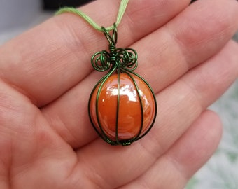 Mini Orange Pumpkin Pendant, Swirl Stem, Cinderella Jewelry Necklace, Fantasy, Fairytale