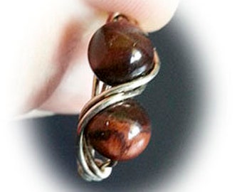 Tiger Eye Ring: 2 Red Brown Beads, Silver Wire Wrapped, US size 7 Band