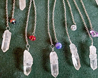 Pendulum Set: 10 Clear Quartz Crystals Wire-Wrapped, Hanging 6" Chain with Small Bead