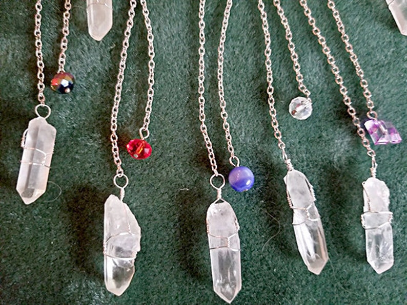 Pendulum Set: 10 Clear Quartz Crystals Wire-Wrapped, Hanging 6 Chain with Small Bead image 1