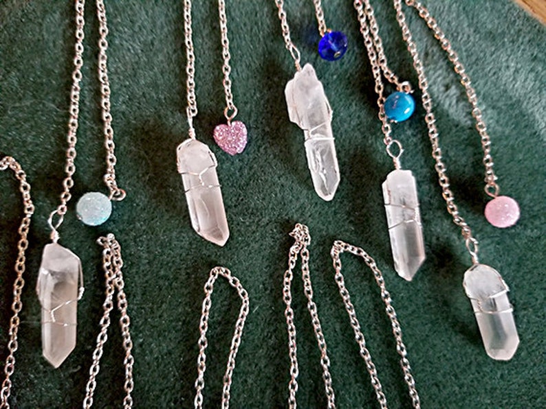 Pendulum Set: 10 Clear Quartz Crystals Wire-Wrapped, Hanging 6 Chain with Small Bead image 2