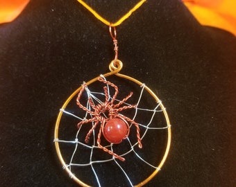 Spider & Web Pendant, Orange Plastic Bead, 8-Legged Arachnids