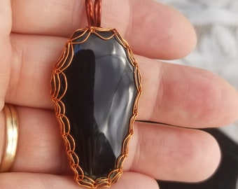 Black Onyx Coffin Pendant, Brown Wire-Wrapped, Graveyard, Haunted Skeletons