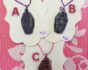 Coffin Necklaces: Purple Lepidolite, Spectrolite, and Pink & Black Rhodonite Pendants