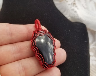 Black Onyx Coffin Pendant, Red Wire-Wrapped, Graveyard, Haunted Skeletons