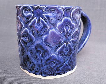 Deep Blue Handmade Coffee Mug or Cup, Pottery Lace Pattern or Decoration, Handbuilt Functional Tea Mug, Matching Mug Set