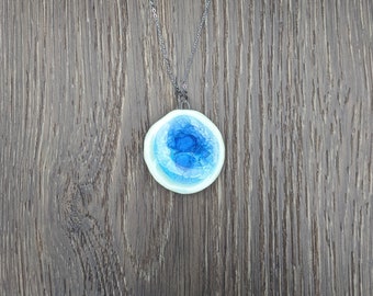Blue Ceramic Glass Necklace / Ocean Wave Pendant / Handmade Pottery and Melted Glass Art / Art Necklace / Free Shipping Included