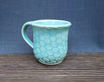 Blue Green Ceramic Honeycomb Coffee Mug or Cup / Pottery Turquoise Hexagon Pattern Decoration / Sky Blue Lace Mug / Free Shipping Included