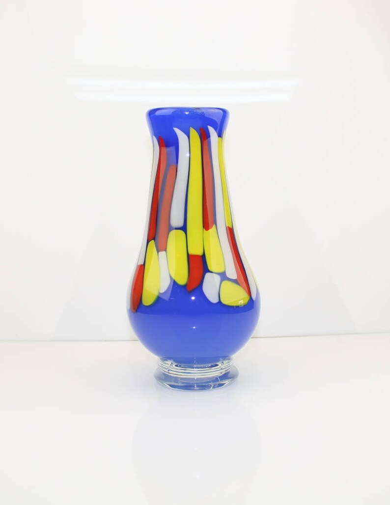 Hand blown glass footed vase –Blue with yellow red and white accents il 794xN h3mo