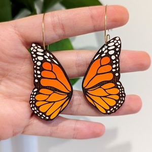 Monarch Butterfly Earrings - Cute Hand-painted Engraved Wooden Monarch Butterfly Wing Laser-cut Butterfly Earring