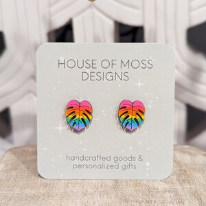 Rainbow Monstera Stud Earrings - Cute Hand-Painted Monstera Deliciosa Rainbow Earrings