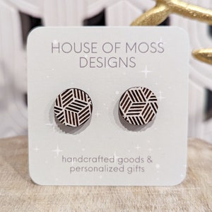Round Geometric Stud Earrings - Cute Circular Handmade Hand-painted 3D Effect Wood Stud Earring
