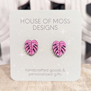 Pink Monstera Stud Earrings - Cute Hand-Painted Monstera Deliciosa Earrings Houseplant Earrings