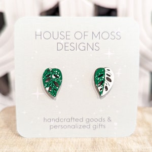 Variegated Albo Adansonii Stud Earrings - Cute Wooden Hand-painted Variegated and Fenestrated Adansonii Earrings Half Moon