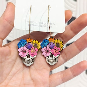 Wood Engraved Flower Skull Earrings - Cute Laser-cut Skull Flowers Dia De Los Muertas Engraved Wood Earring Halloween Dangle Earring