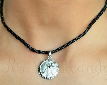 Silver Peace & Hope Coin Pendant Necklace, Braided Leather Necklace, Choker Necklace