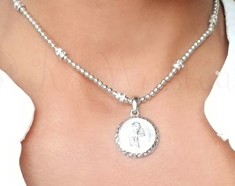 Silver Coin Charm Pendant/ Necklace, Beaded Necklace, Pendant Necklace, Coin Charm