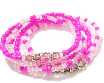 Pink Seed Bead Bracelet Set: Handmade Stretchy Boho Jewelry
