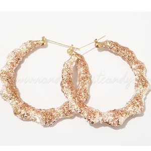 Glitter Bamboo Earrings/Hoop/Earrings/Big/Rose Gold Glitter/Bling Earrings/Handmade Jewelry