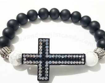 Cross Bracelet Men/ Onyx Black Cross/Men's Cross Bracelet/Rhinestone/Unisex/Gifts for him/Sideways Cross,Father's Day