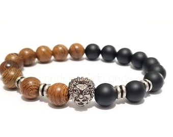 Mens Beaded Bracelet, Lion Head, Black, Wood Bracelet, Father's Day, Stretchy, Men Gifts, Custom Handmade Beaded Jewelry